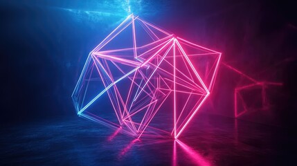 A 3D abstract model of interconnected geometric shapes made of glowing neon lines, softly rotating in a dark void.
