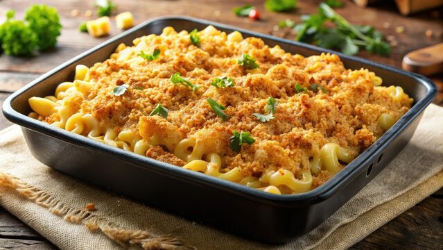 Rich and creamy macaroni and cheese baked in a pan with a crunchy breadcrumb topping, perfect for a comforting side dish or main course.