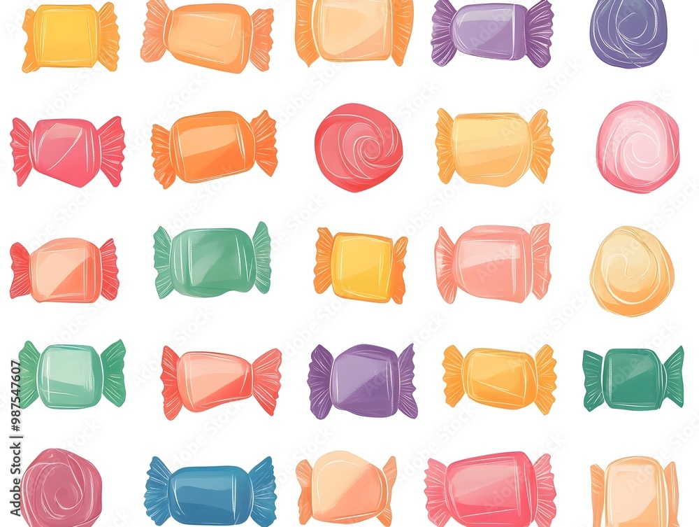 Poster colorful and stylized flat design showcasing an assortment of various candy wrappers in different sh