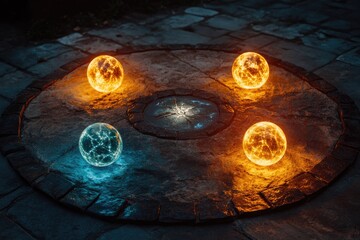 The four elements – fire, water, earth, and air – represented by glowing orbs in a ritual circle