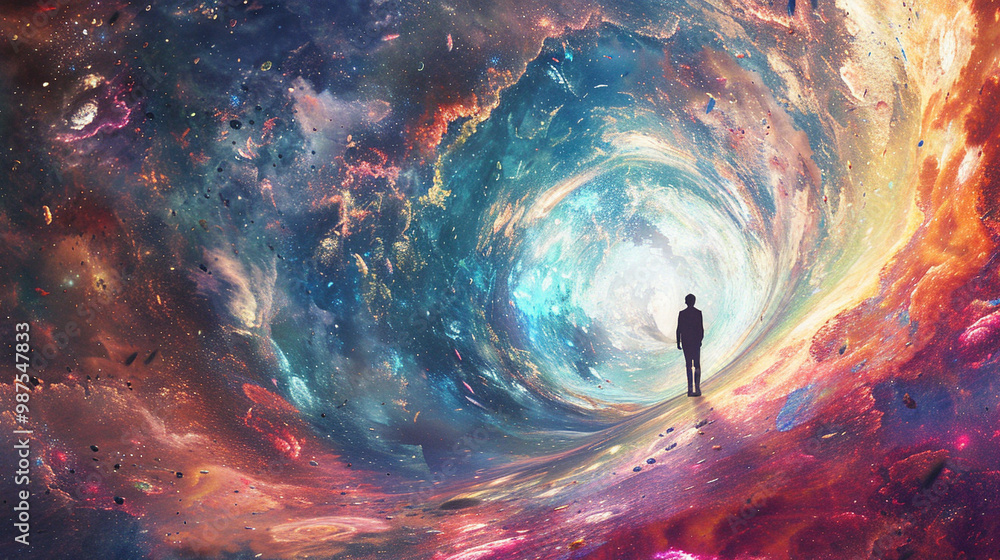 Wall mural a space traveler standing at the edge of a wormhole, suggesting a connection between dimensions in t