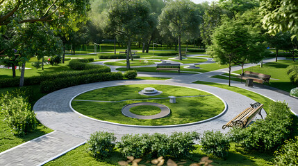 Fototapeta premium Serene Urban Park with Winding Pathways and Lush Greenery