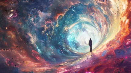 A space traveler standing at the edge of a wormhole, suggesting a connection between dimensions in the cosmos