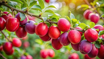 Obraz premium Ripe, juicy red plums dangle from the tree branch's limbs, surrounded by a soft-focus haze of foliage, their vibrant colors standing out.