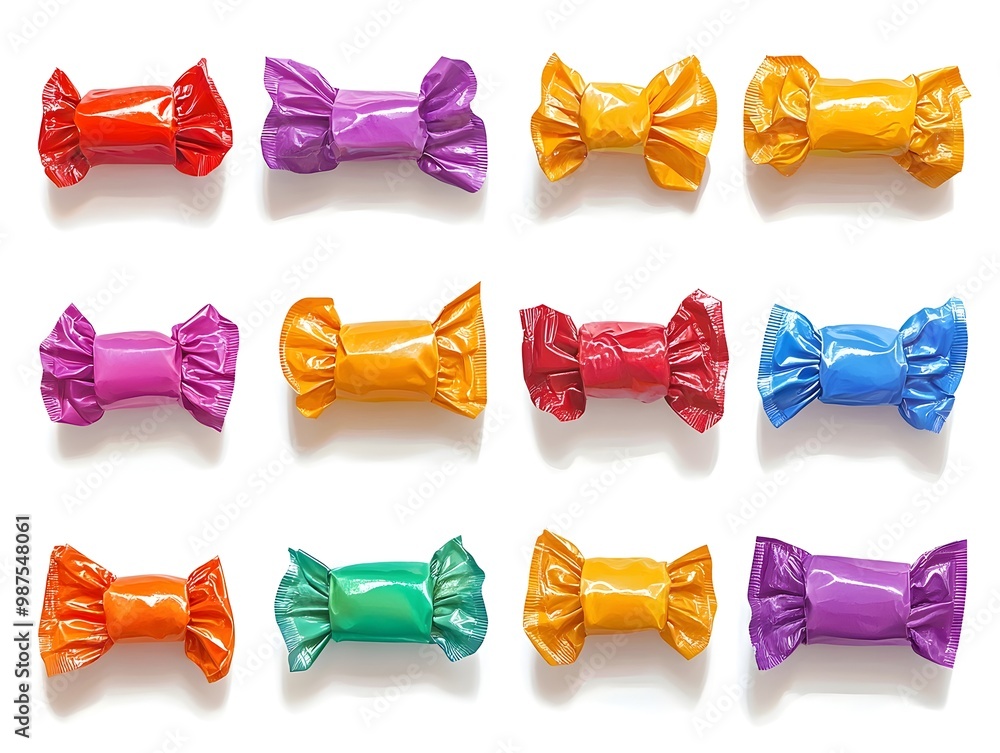 Poster colorful assortment of multicolored candy wrappers arranged in neat rows on white background flat de