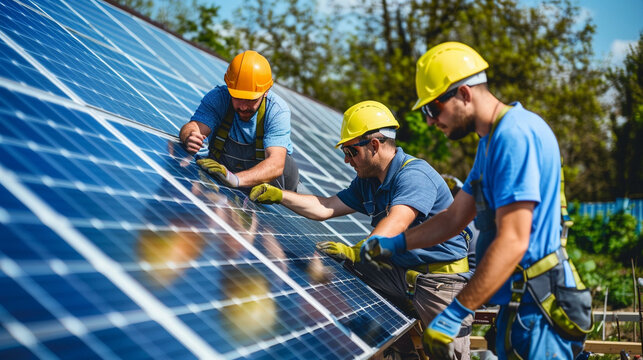 A team of engineers installing solar panels in a rural area, highlighting the spread of green energy solutions.