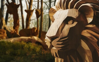Wooden lion sculpture. Close-up of a wooden lion sculpture, crafted with geometric detail, symbolizing strength and power in a natural setting.