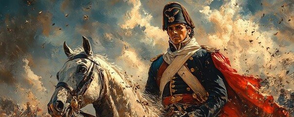 Naklejka premium Heroic soldier on horseback amidst a battlefield, wearing a traditional military uniform and exuding strength and bravery.