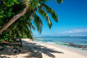 Obraz premium A tropical beach with palm trees, highlights a summer paradise, with copy space