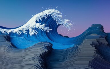 Digital ocean wave. Abstract, layered digital art depicting a powerful wave crashing against the shore. The image symbolizes the force of nature and the beauty of the ocean.