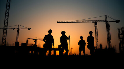 Silhouette of Construction Workers Captured in a Monochromatic Digital Painting Emphasizing Urgency and Attention to Detail at a Construction Site