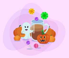 Mug with hot drink, ghost, pumpkins, lollipops and candies on abstract background. Halloween banner design. Halloween celebration, holiday, party concept. Vector illustration for postcard or poster