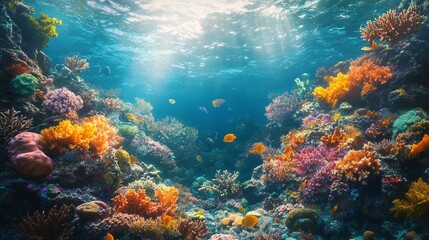 Obraz premium Underwater Coral Reef with Colorful Fish and Sunlight