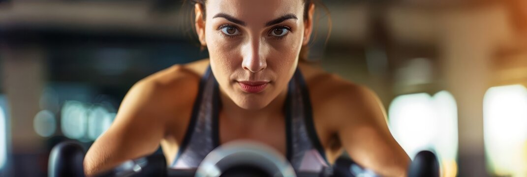 Close-up of a woman's determined face as she works out on a stationary bike.