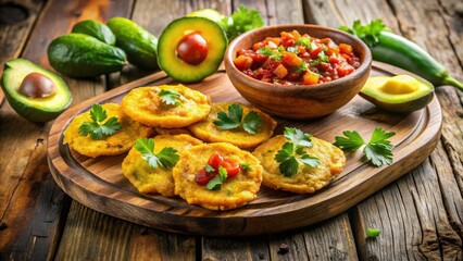 Savory Colombian patacones topped with fresh avocado and vibrant salsa, beautifully presented on a rustic wooden table, creating an inviting and flavorful culinary experience.