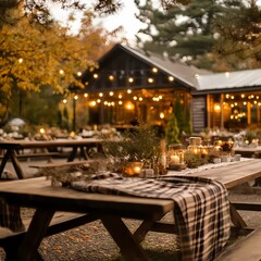 Rustic Outdoor Thanksgiving Banquet with Wooden Tables, Blankets, and Warm Lighting for Event Promotions