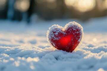 Fototapeta premium A crimson blossom nestled in ice lies gently on a chilly landscape, representing love, hope, resilience, winter, and the indomitable spirit of the heart