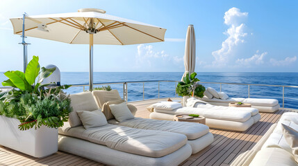 Naklejka premium Luxury Yacht Deck with Ocean View and Sunbathing Loungers