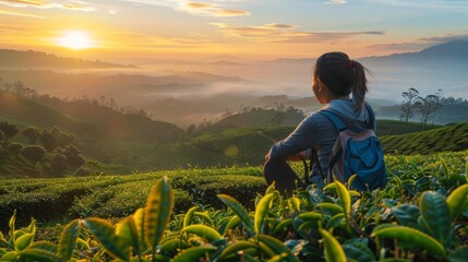 Fototapeta premium Woman enjoying sunrise view from a tea plantation.