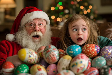Santa Claus and Child Surprised with Colorful Easter Eggs in a Festive Living Room Decor