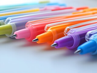 Colorful Gel Pen Array on a White Desk Modern Stationery Collection with Pop Art Influence