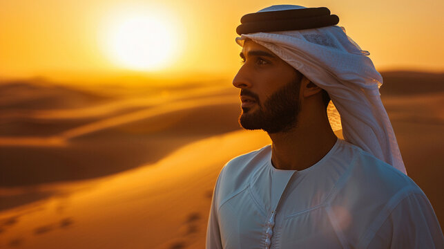 Arab man in traditional thobe and ghutra in a desert &ndash; man wearing traditional white thobe and headscarf, walking in the golden desert at sunset.
