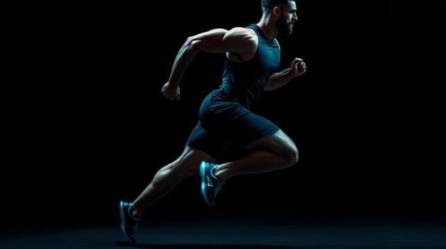 A strong athletic, man sprinter, running on black background wearing in the sportswear, fitness and sport motivation concept