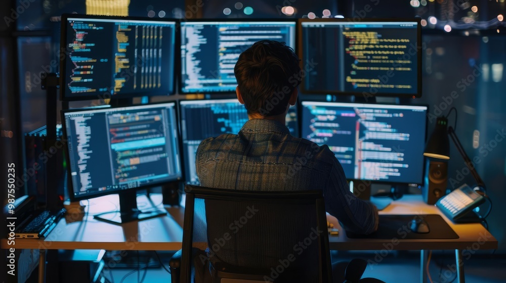 Aufkleber woman programmer working late at night on code.
