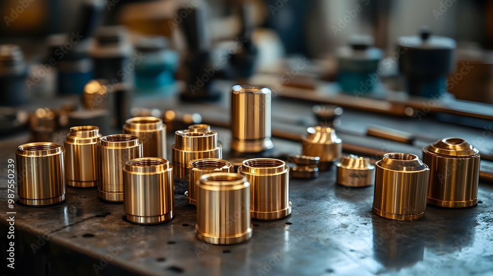 Poster a collection of precision metal parts displayed on a workshop table, highlighting their intricate de