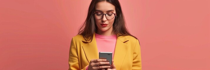 A young woman checking social media on her phone, represents modern technology, with copy space