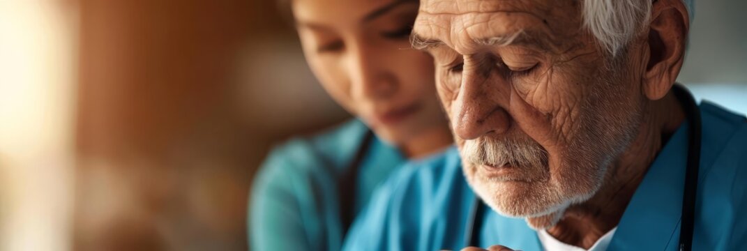 Close up of an elderly man being cared for by a nurse.