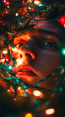 Close-up of a person with Christmas lights wrapped around their face, creating a festive ambiance