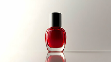 Glossy red nail polish bottle with a sleek design, set against a light background, perfect for beauty and fashion themes.