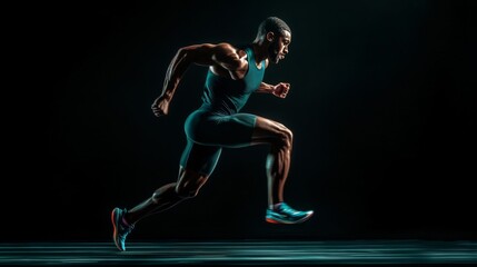 Obraz premium A strong athletic, man sprinter, running on black background wearing in the sportswear, fitness and sport motivation concept
