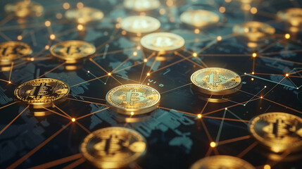 Blockchain concept with digital coins – floating cryptocurrencies connected by digital lines, representing the blockchain network.