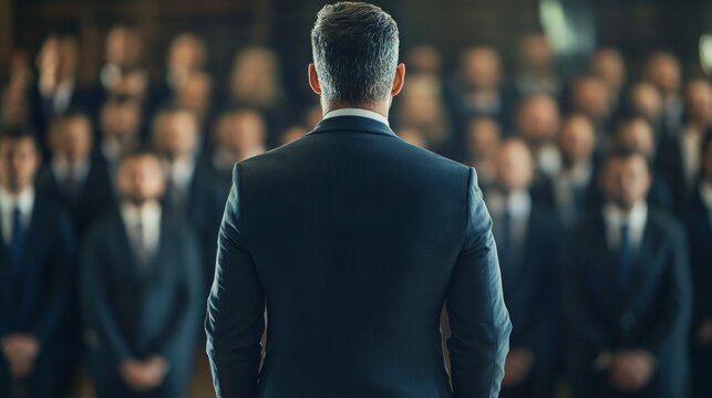Confident Executive Overseeing Subordinates, A distinguished leader in a suit commands respect, standing tall before employees, embodying authority and power in a minimalist setting