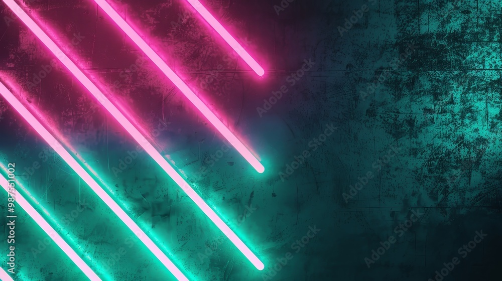 Poster abstract background with diagonal pink and green neon lights on a dark textured surface.