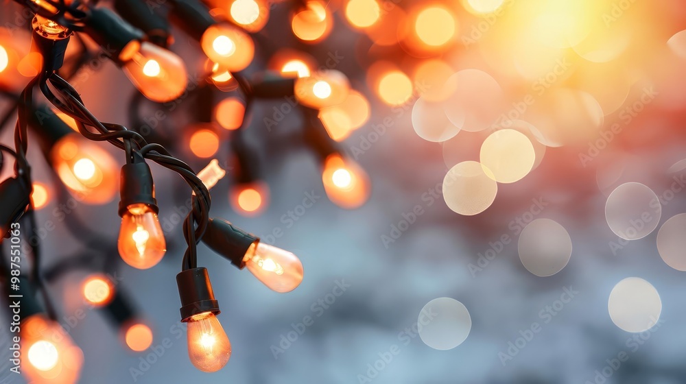 Poster warm white string lights with blurred background bokeh.