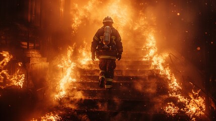 Strong and brave Firefighter Going Up The Stairs in Burning Building.