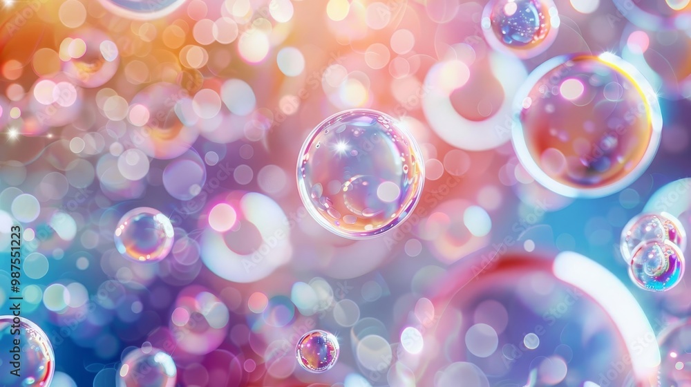 Poster abstract colorful background with floating bubbles and bokeh lights.