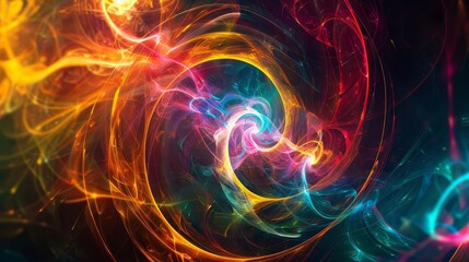 Obraz premium Abstract swirling neon lights in red, blue, and yellow colors against a black background.
