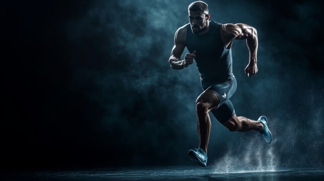 A strong athletic, man sprinter, running on black background wearing in the sportswear, fitness and sport motivation concept