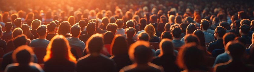 A diverse crowd gathered during sunset, creating a warm and vibrant atmosphere perfect for events or gatherings.