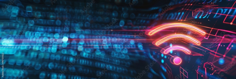 Poster abstract digital background with glowing wifi symbol over binary code