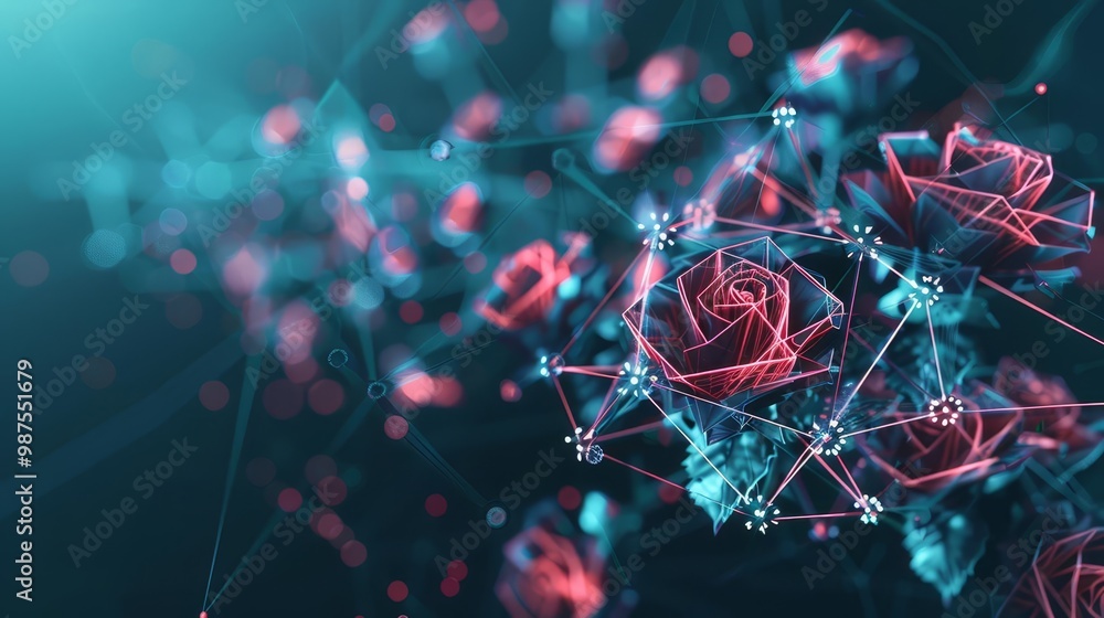 Poster abstract digital rose with connecting lines and dots.