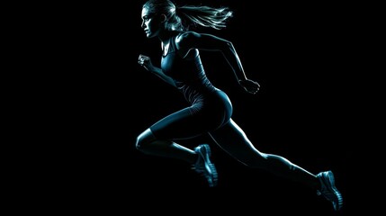 A strong athletic, woman sprinter, running on black background wearing in the sportswear, fitness and sport motivation concept