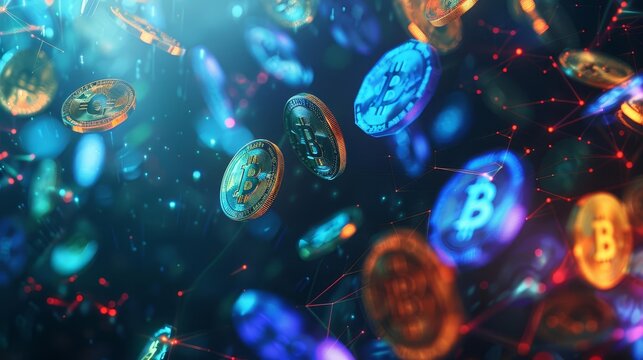 Abstract glowing Bitcoin cryptocurrency coins falling in a dark background.