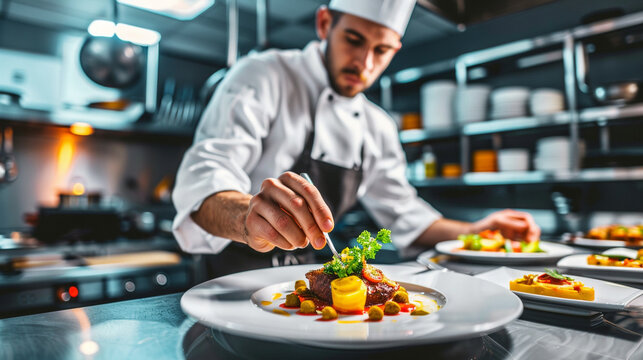 Chef preparing a gourmet meal in a restaurant kitchen – chef plating a dish with precision, modern kitchen in the background.