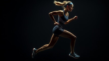 Fototapeta premium A strong athletic, woman sprinter, running on black background wearing in the sportswear, fitness and sport motivation concept