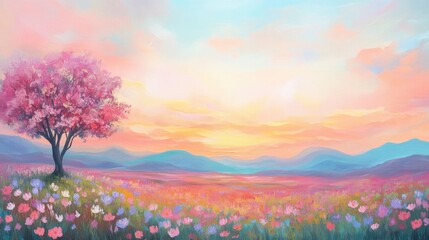 Colorful fairytale sunset casting warm light over a blooming meadow in a cartoon fantasy style. Gentle twilight adds a serene touch to the nature scene.